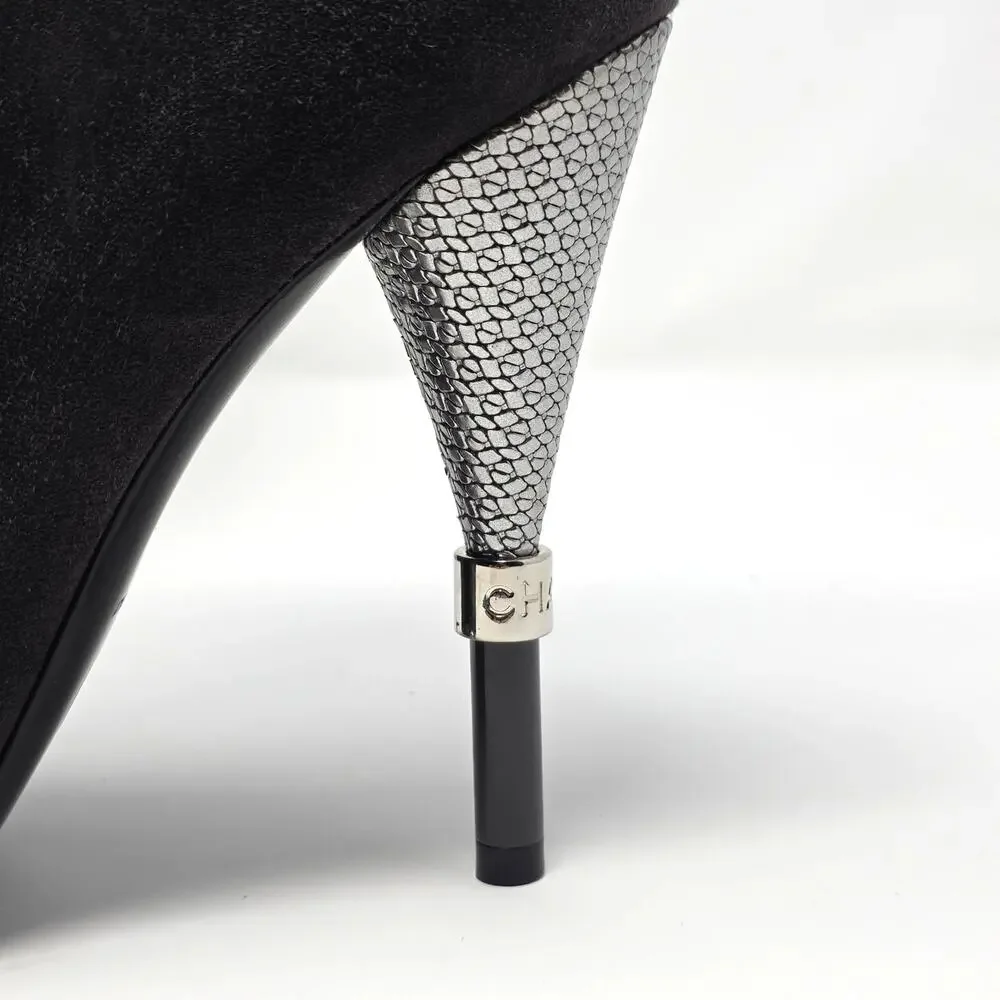 Chanel Suede Ankle Boots CC Logo Cap Toe Grey Black Silver Heels 37 6.5